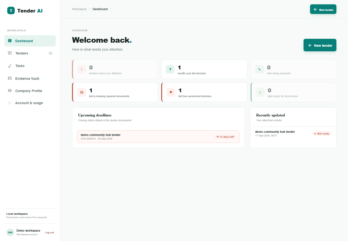 Tender AI dashboard